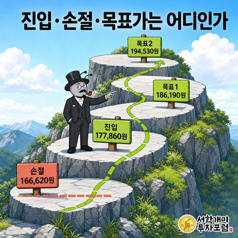 진입 , 손절 , 목표1 , 목표2 이 계단형으로 배치된 앤트가드 시그널 네 숫자