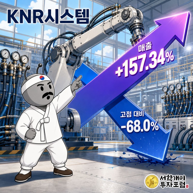 유압 로봇 팔 옆에서 고점 대비 68퍼센트 하락 화살표와 2분기 매출 157퍼센트 반등 화살표가 엇갈리는 표지판을 서민개미가 올려다보는 커버