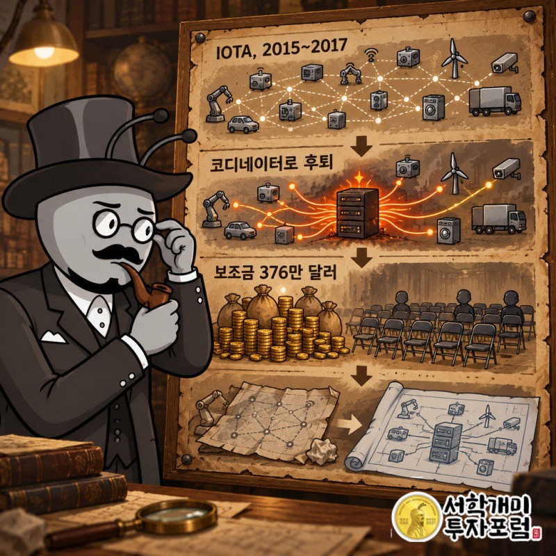 IOTA가 2015~2017년 수수료 없는 기계 간 결제를 약속했으나 확장성 한계로 중앙화된 '코디네이터'를 임시로 넣었다