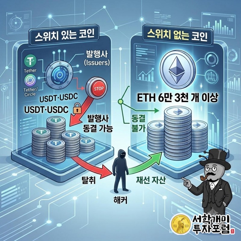 USDT·USDC는 발행사가 특정 주소를 멈추는 스위치를 컨트랙트에 갖고 있다