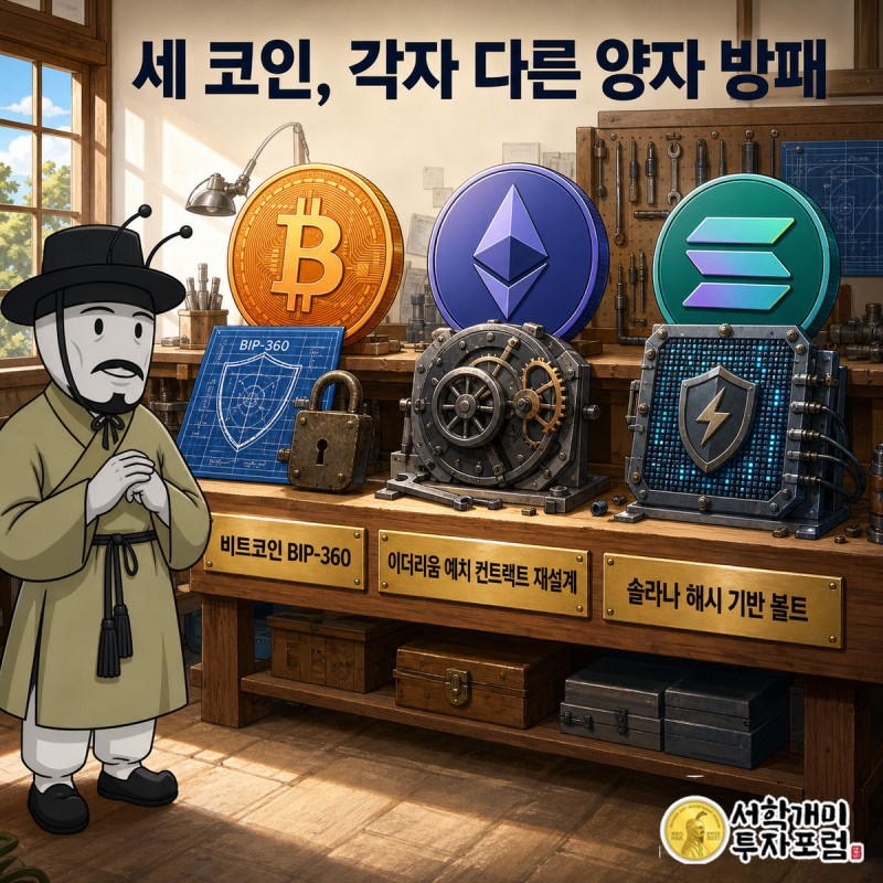 비트코인·이더리움·솔라나 코인이 각기 다른 방패를 두른 모습을 부자개미가 의심스레 살펴보는 그림