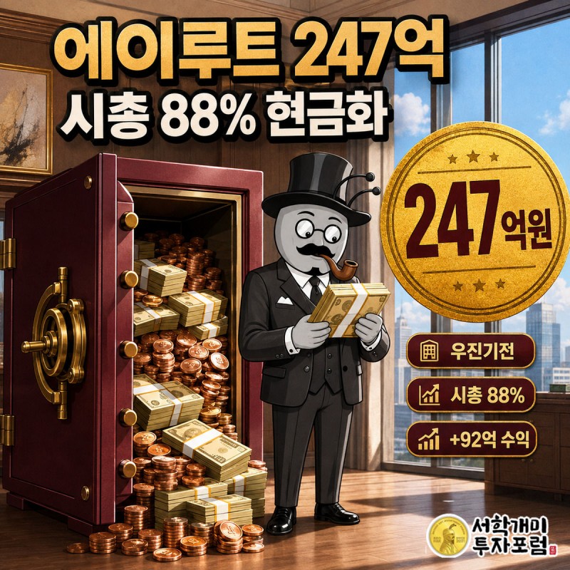 부자개미가 열린 금고에서 쏟아지는 지폐 다발을 들어올리며 놀라고 기뻐하는 모습, 옆에 247억원 수치 배지