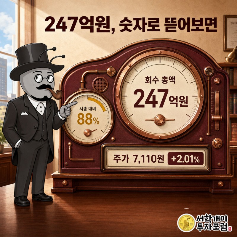 네 개의 다이얼이 달린 계기판에서 회수 총액, 원금, 수익, 시총 비중 숫자를 확인하는 부자개미