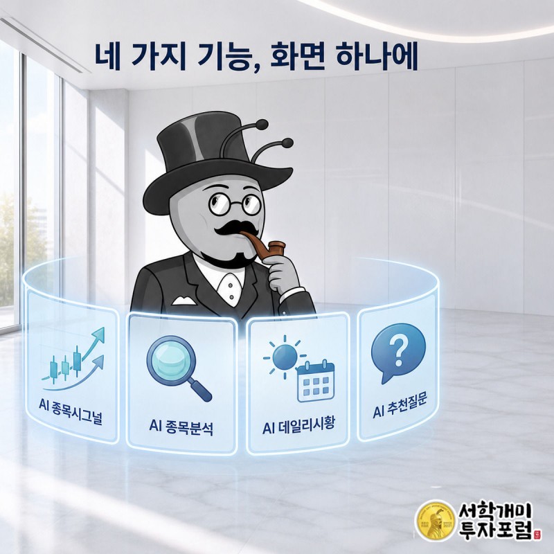 서민개미가 네 개의 홀로그램 패널로 뜬 빗썸 AI 기능들을 신기한 표정으로 둘러보는 모습