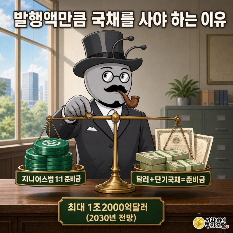저울 위에서 스테이블코인과 달러·국채증서가 1대1로 맞춰지는 모습을 진지하게 확인하는 개미