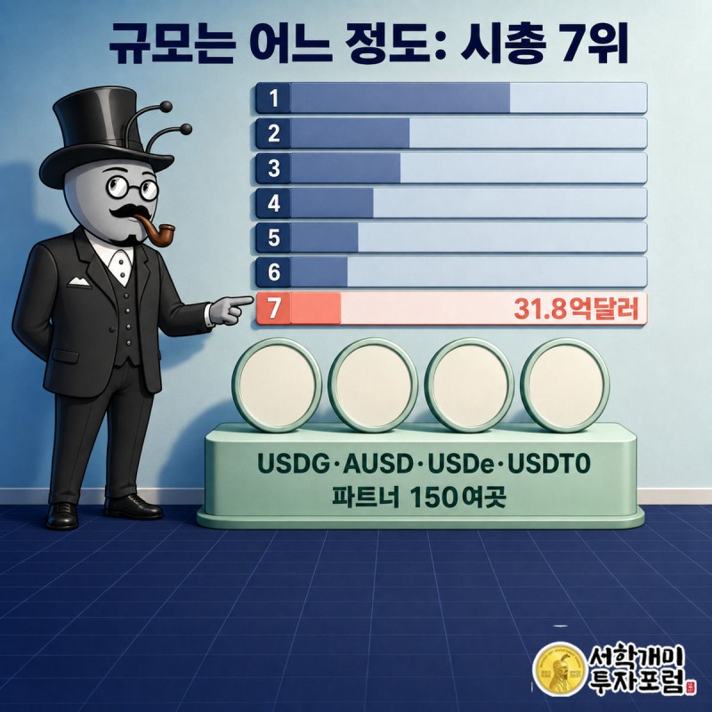 스테이블코인 시가총액 순위 사다리에서 7위에 선 USDG와 멘틀 위 네 개 코인 아이콘을 개미가 가리키는 그림