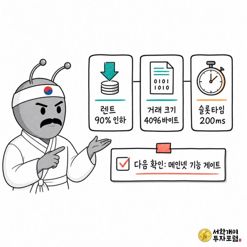 솔라나 아게이브 4.2의 렌트 인하·거래 크기 확대·슬롯타임 단축과 기능 게이트 확인점을 설명한 스케치노트