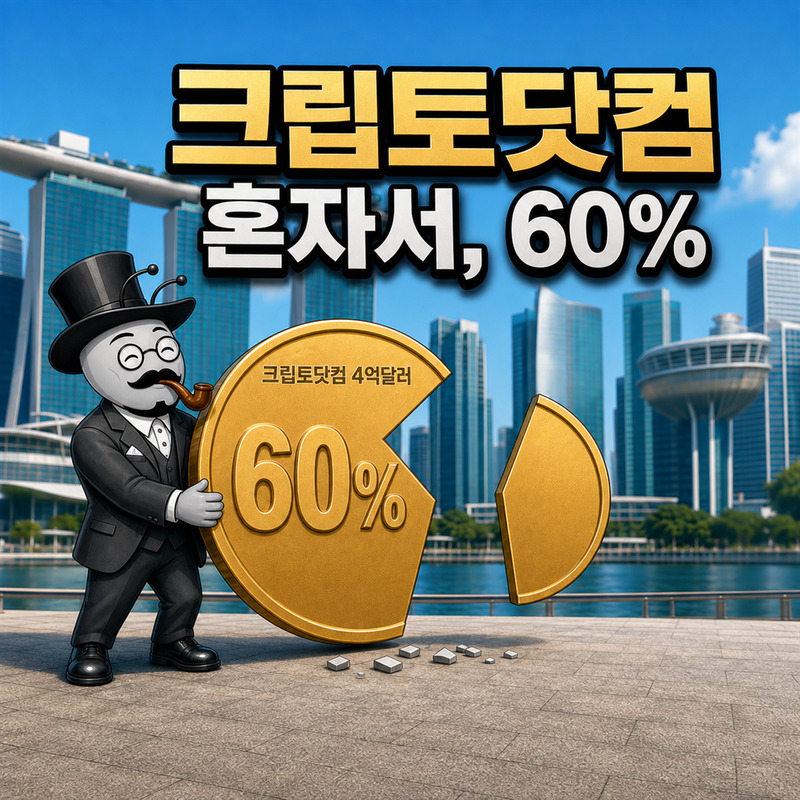 부자개미가 60%라고 새겨진 거대한 황금 동전을 끌어안고 싱가포르 스카이라인 앞에서 흡족한 미소를 짓는 그림