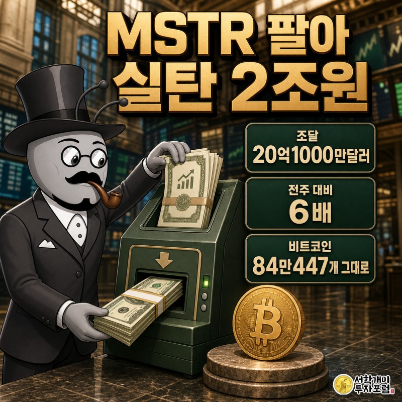 개미가 MSTR 주식증서를 현금화 기계에 넣어 달러 다발을 받으면서, 먼지 앉은 채 손대지 않은 금빛 비트코인 동전을 곁눈질하는 그림