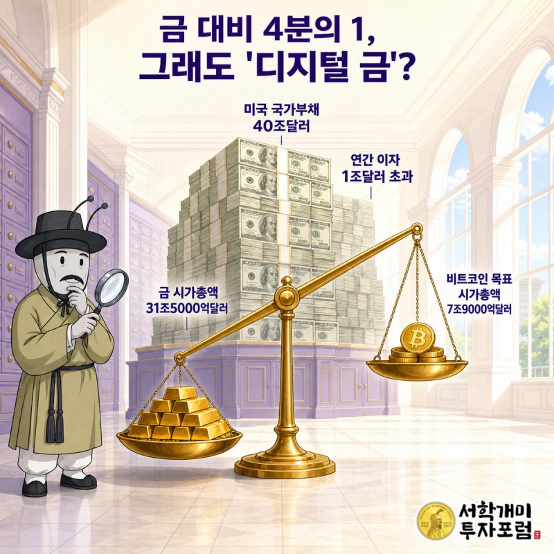부자개미 캐릭터가 저울 위 금괴 더미와 작은 비트코인 동전 더미를 돋보기로 비교하며 의심스러운 표정을 짓는 정보 일러스트