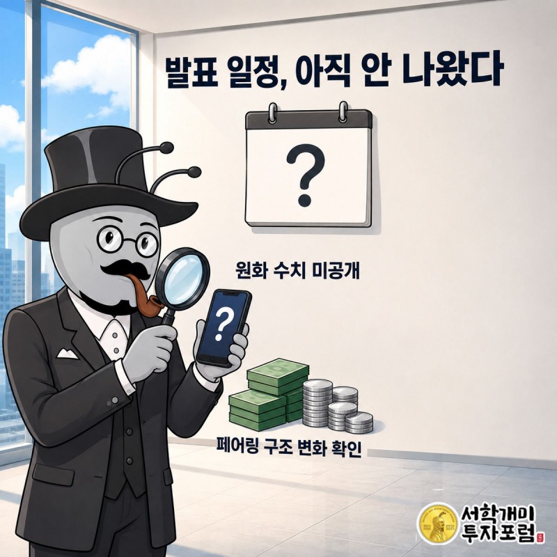 서민개미가 돋보기와 스마트폰을 들고 물음표만 떠 있는 빈 달력을 올려다보는 모습
