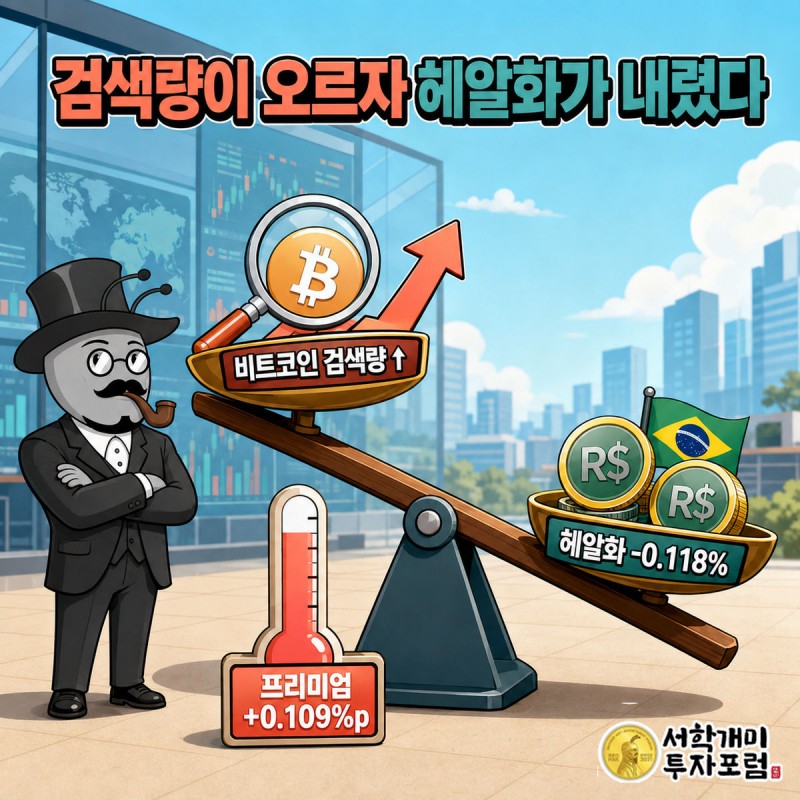 시소 한쪽에 비트코인 검색량이 오르자 반대쪽 헤알화 동전이 내려가고 프리미엄 막대가 차오르는 모습, 서민개미가 팔짱 끼고 지켜본다