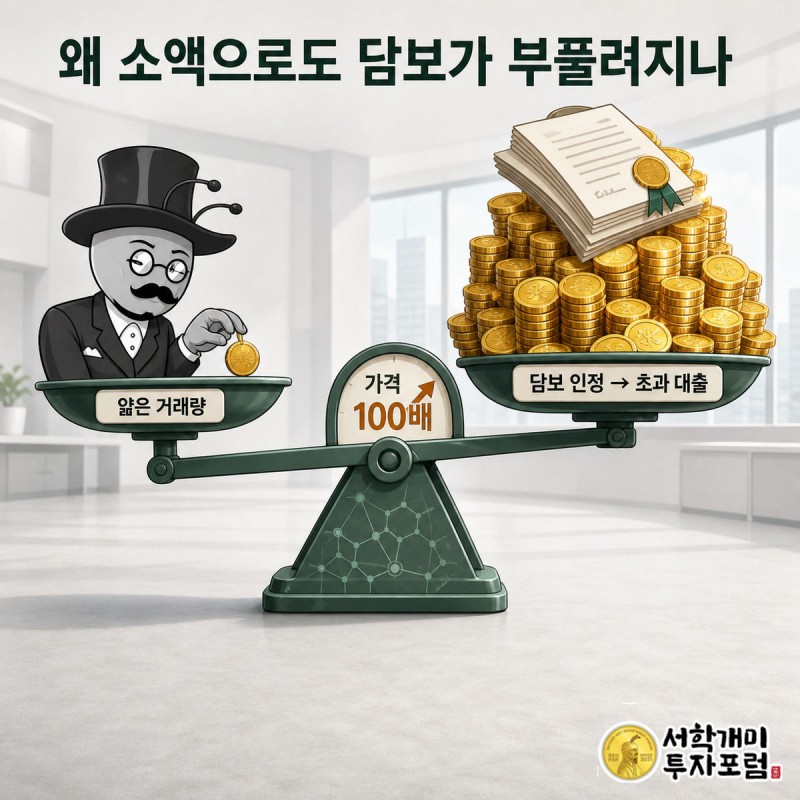 작은 매수 무게가 저울 반대편의 거대한 대출 담보를 들어올리는 은유 장면