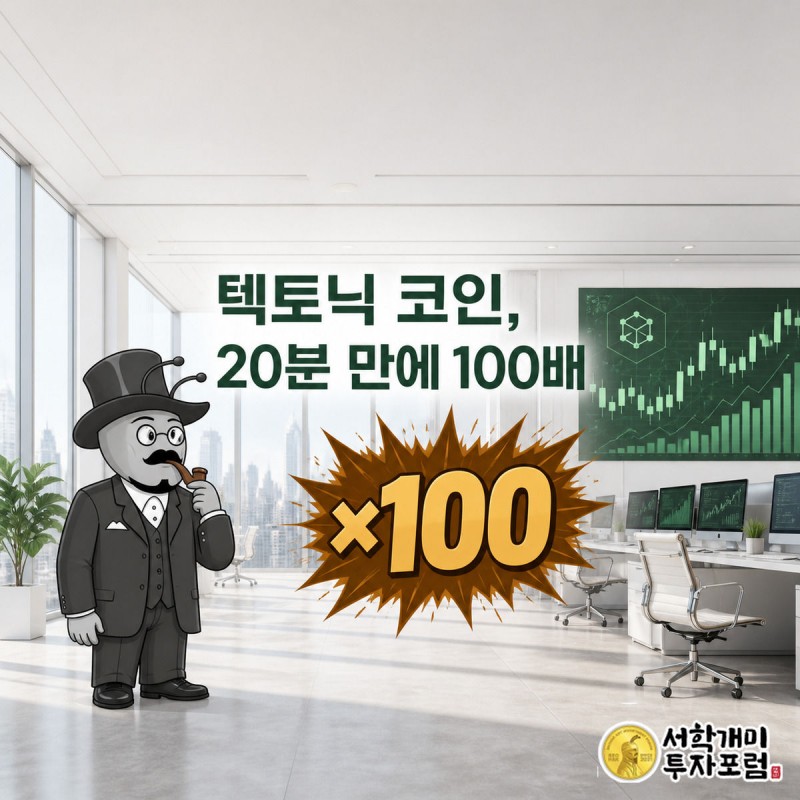 밝은 트레이딩 오피스에서 부자개미가 화면 속 거대한 ×100 스탬프를 보고 경악하는 모습
