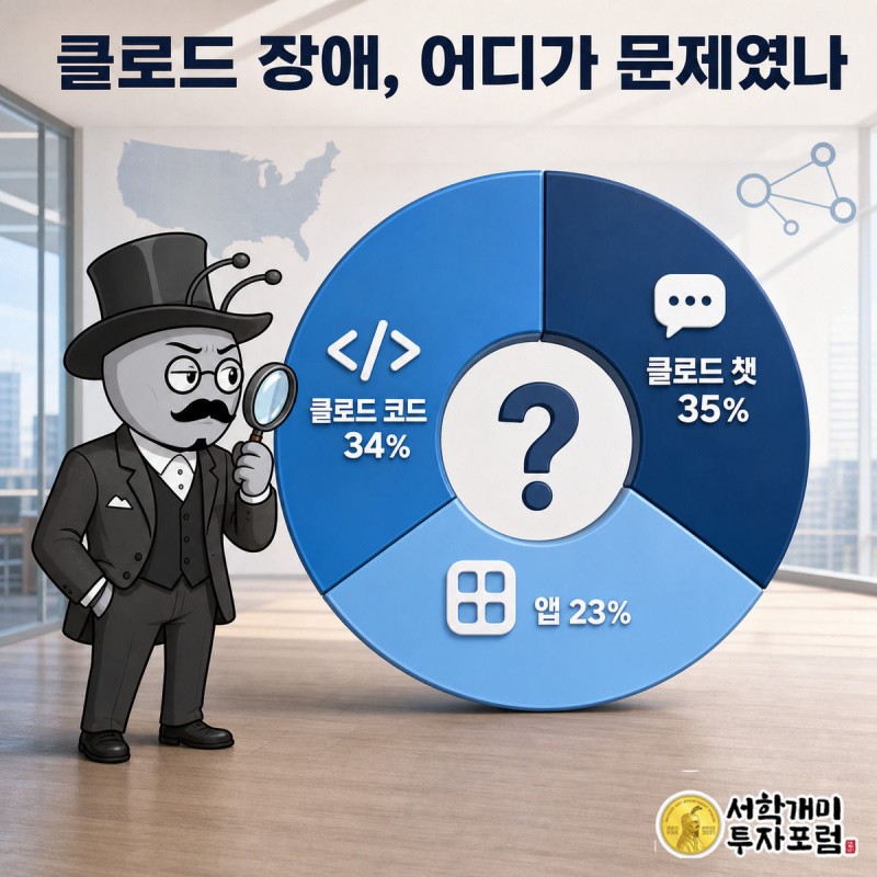 클로드 장애 유형별 비중을 나타낸 도넛 차트를 서민개미가 돋보기로 살펴보는 모습, 차트 중앙에 물음표가 있다