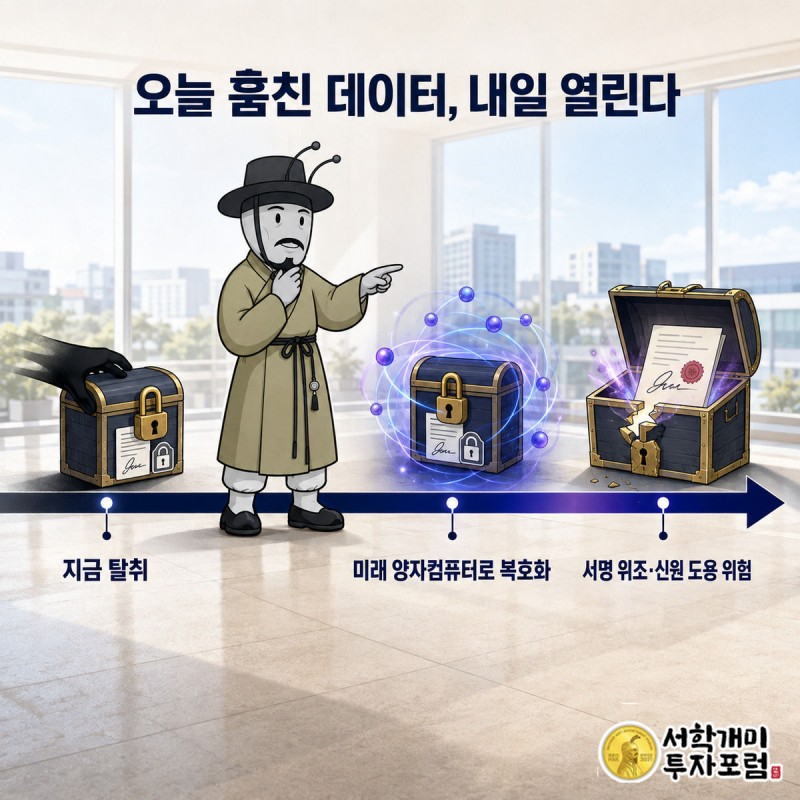 오늘 잠긴 데이터 상자가 시간축을 따라 미래에 열리며 위조 도장이 찍히는 것을 서민개미가 낭패스레 가리키는 그림