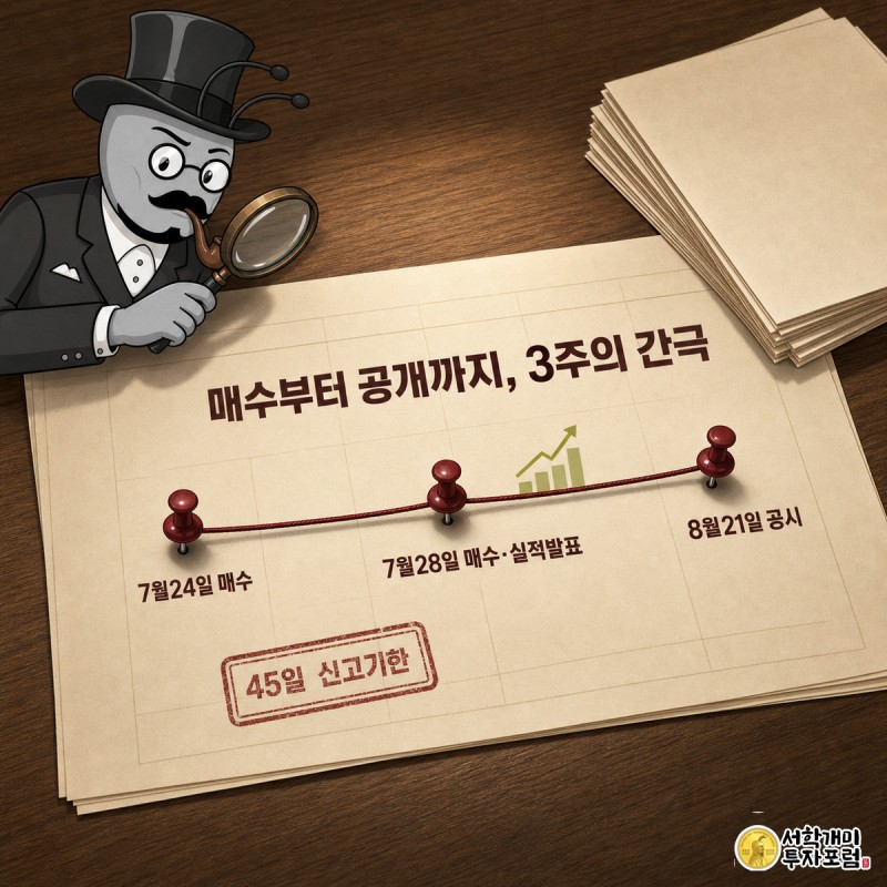 달력과 서류 위에 매수일·실적발표일·공시일이 붉은 실로 이어진 타임라인을 개미 캐릭터가 돋보기로 살펴보는 모습