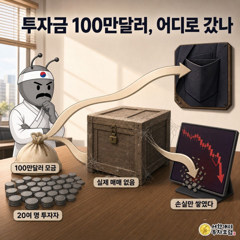 투자자들이 건넨 100만달러가 창업자 주머니와 폭락하는 코인 차트로 갈라져 흘러가고 오토트레이더 상자는 먼지만 쌓인 모습