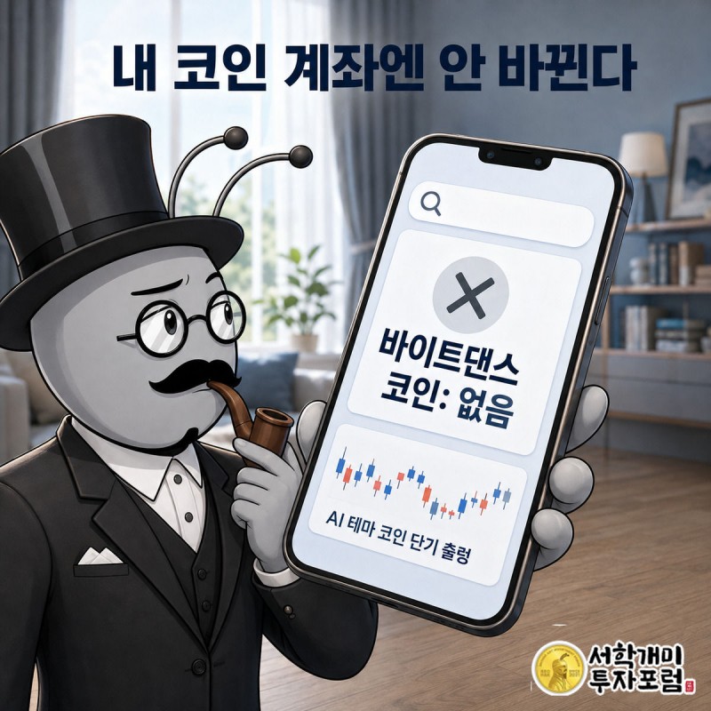 서민개미가 스마트폰에서 바이트댄스 코인이 없다는 화면을 갸웃하며 들여다보는 그림