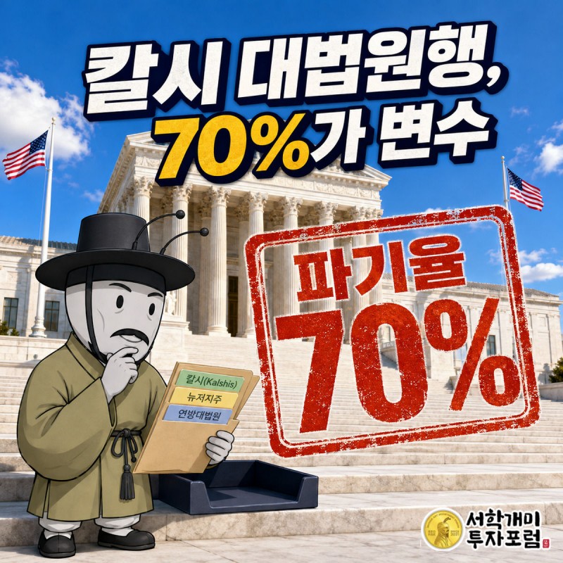 미국 연방대법원 계단 앞에서 부자개미가 파이프를 문 채 '파기율 70%' 수치 배지를 의심스러운 표정으로 바라보는 그림
