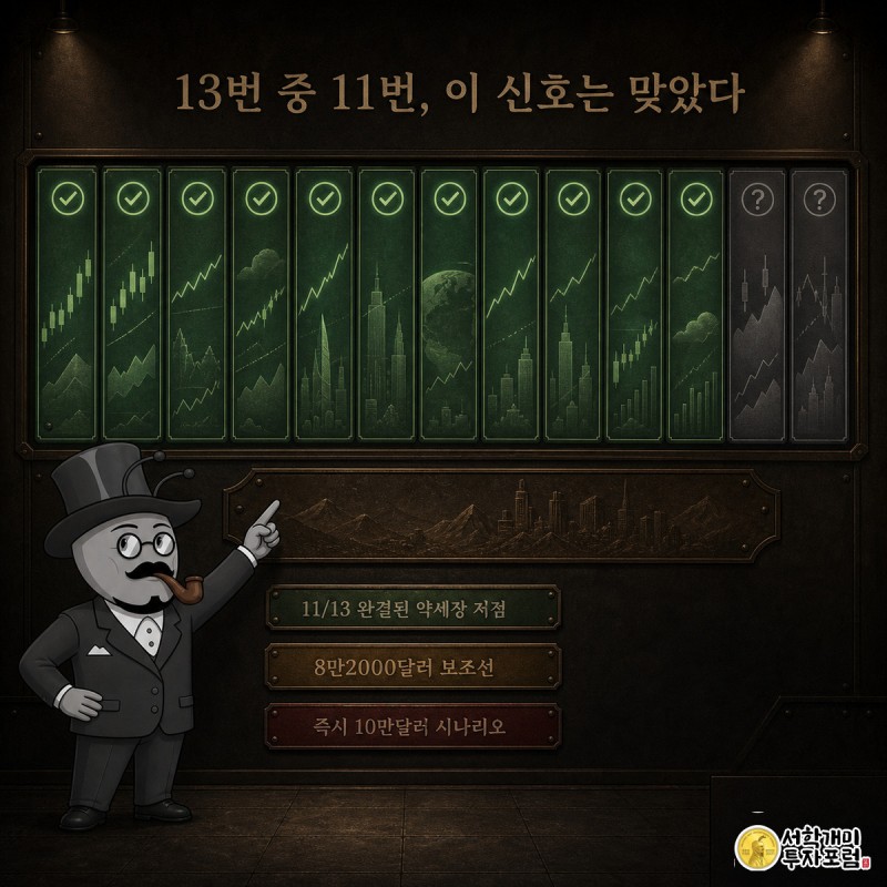개미 캐릭터가 13번의 과거 약세장 타임라인 벽화에서 11번의 저점 신호를 손으로 짚어 보이는 모습