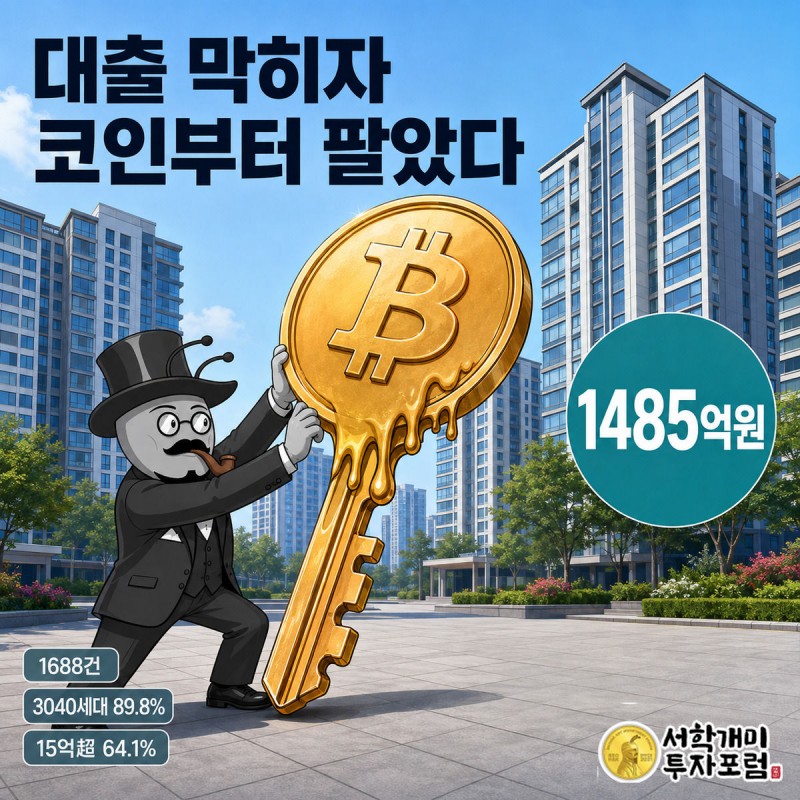 거대한 비트코인 코인이 열쇠로 녹아내리는 모습을 서민개미가 결의에 찬 표정으로 붙잡고 있고, 위에는 '대출 막히자 코인부터 팔았다'라는 제목과 1485억원 수치 배지가 떠 있는 표지 이미지