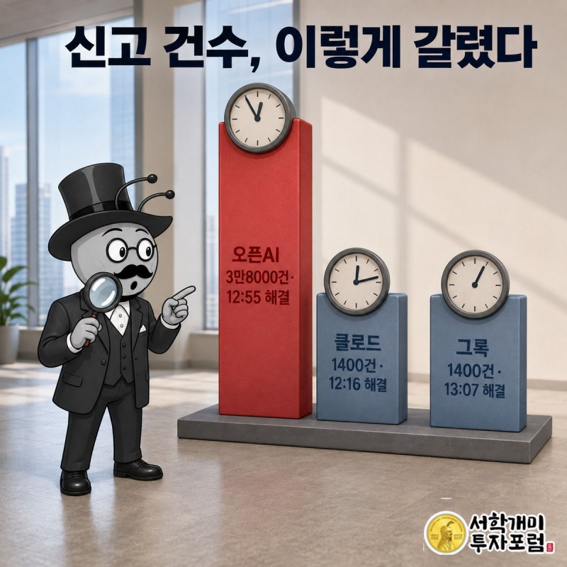 오픈AI 막대가 압도적으로 높고 클로드·그록 막대는 낮은 막대그래프를 양반개미가 돋보기로 살펴보는 모습