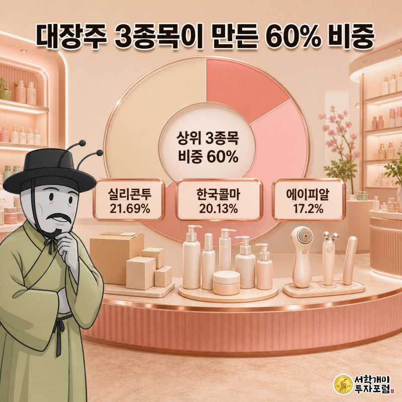 실리콘투·한국콜마·에이피알 세 종목의 수익률 배지와 이들이 합쳐 60%를 채우는 원형 그래프를 개미가 살펴보는 이미지