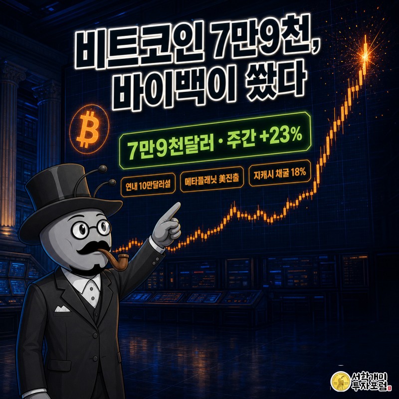 어두운 트레이딩룸에서 개미 캐릭터가 치솟는 비트코인 차트를 가리키며 놀란 표정을 짓고 있는 커버 이미지