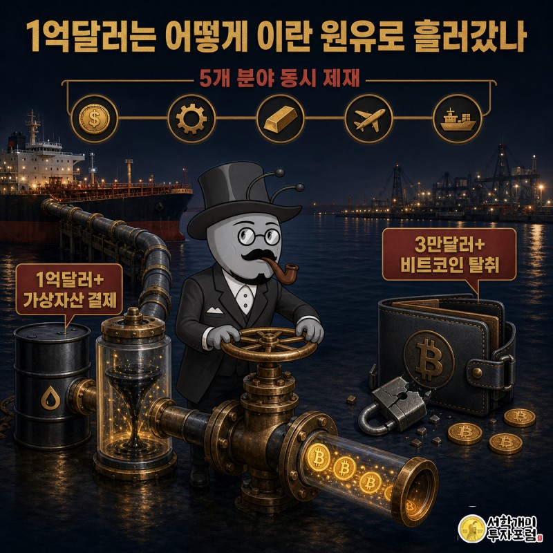 정장 입은 브로커 개미가 원유를 코인으로 바꾸는 파이프라인 밸브를 조작하고, 옆에서 후드 쓴 해커 개미가 훔친 비트코인 지갑을 품에 안고 주위를 살핀다.