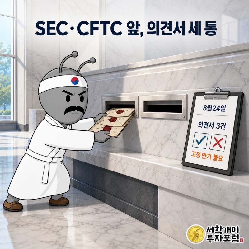 부자개미가 관공서 접수대에서 SEC와 CFTC 슬롯에 봉인된 의견서 세 통을 넣고, 옆 클립보드에는 고정 만기가 필요 없다는 체크 표시가 그려진 장면