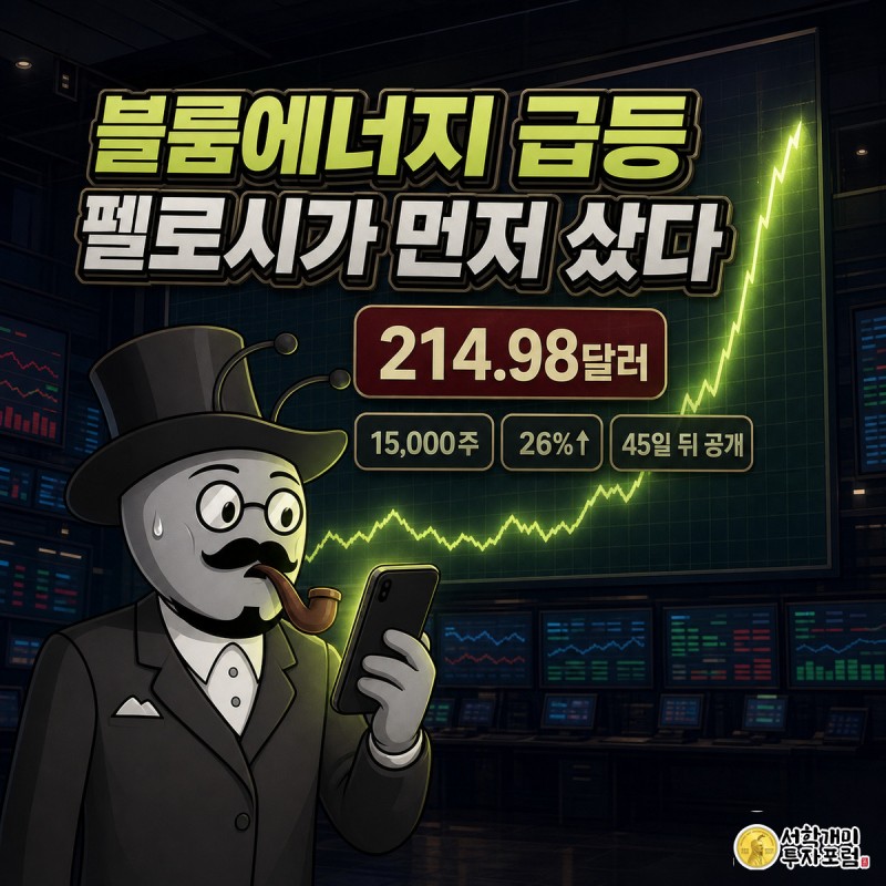 전광판에 급등하는 블룸에너지 주가 차트를 배경으로 개미 캐릭터가 스마트폰을 들고 놀란 표정을 짓는 모습