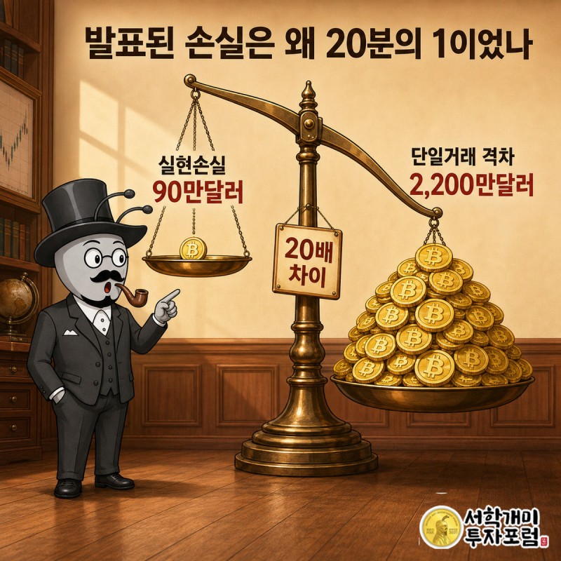 저울 한쪽엔 작은 동전 90만달러, 반대쪽엔 거대한 코인더미 2,200만달러가 놓여 극단적으로 기울고 부자개미가 놀란 표정으로 가리키는 장면