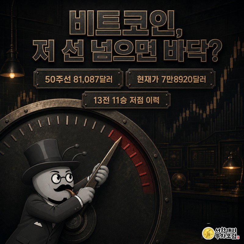 비트코인 가격 게이지 앞에서 개미 캐릭터가 50주 이동평균선을 향해 바늘을 밀어올리려 안간힘을 쓰는 모습