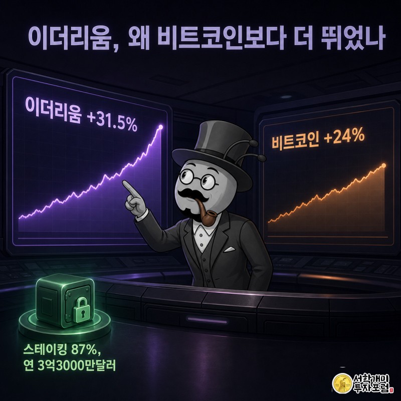 개미 캐릭터가 이더리움과 비트코인의 상승 곡선을 비교하며 더 가파르게 치솟은 이더리움 쪽을 가리키고, 뒤편에는 스테이킹 자물쇠 아이콘이 빛나고 있다