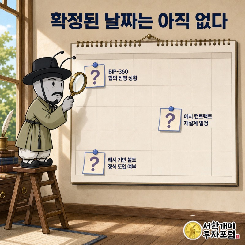 빈칸 많은 달력의 물음표 스티커를 양반개미가 돋보기로 신중하게 들여다보는 모습