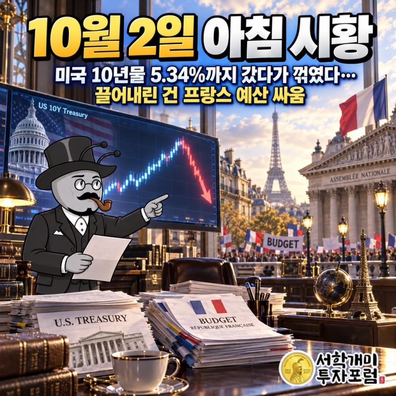 미국 10년물 금리가 24년 만의 고점을 찍고 내려오는 곡선 뒤로 파리 국채 시장과 중동으로 향하는 항공모함이 겹쳐 보이는 아침 시황 표지
