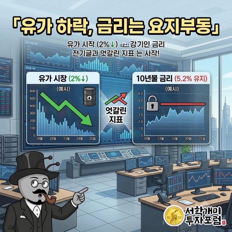 유가는 2% 넘게 내려왔는데 10년물 금리는 5.2%에서 내려오지 않았다