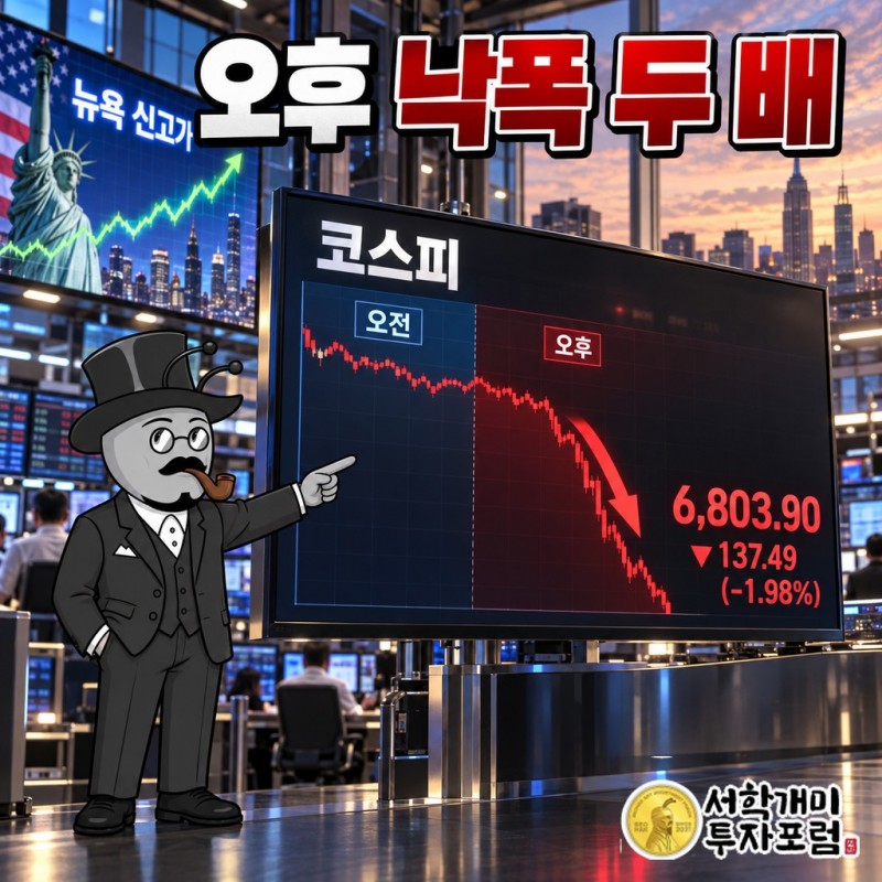 뉴욕이 신고가를 쓴 다음 날, 코스피는 오후 들어 낙폭을 두 배로 키웠다