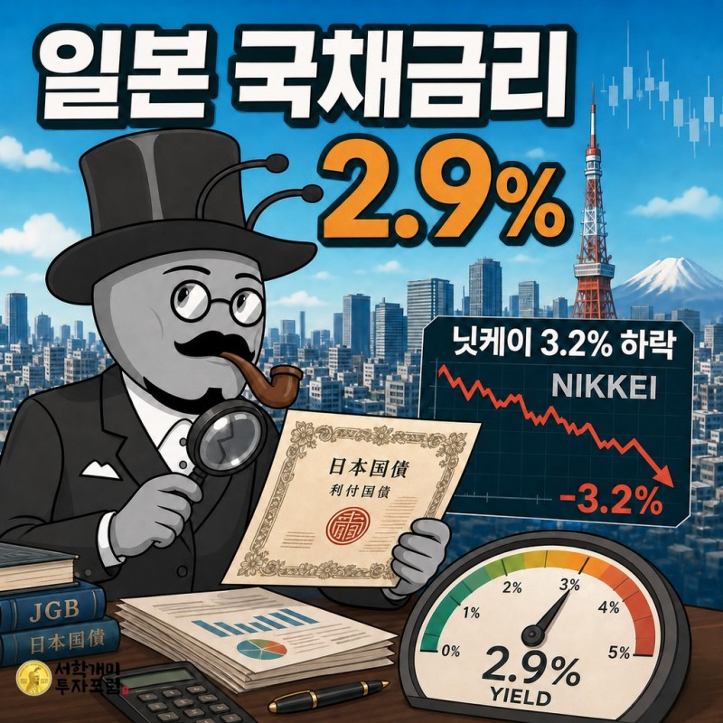 일본 국채금리 2.9%와 닛케이 하락을 설명하는 시황개미 기자