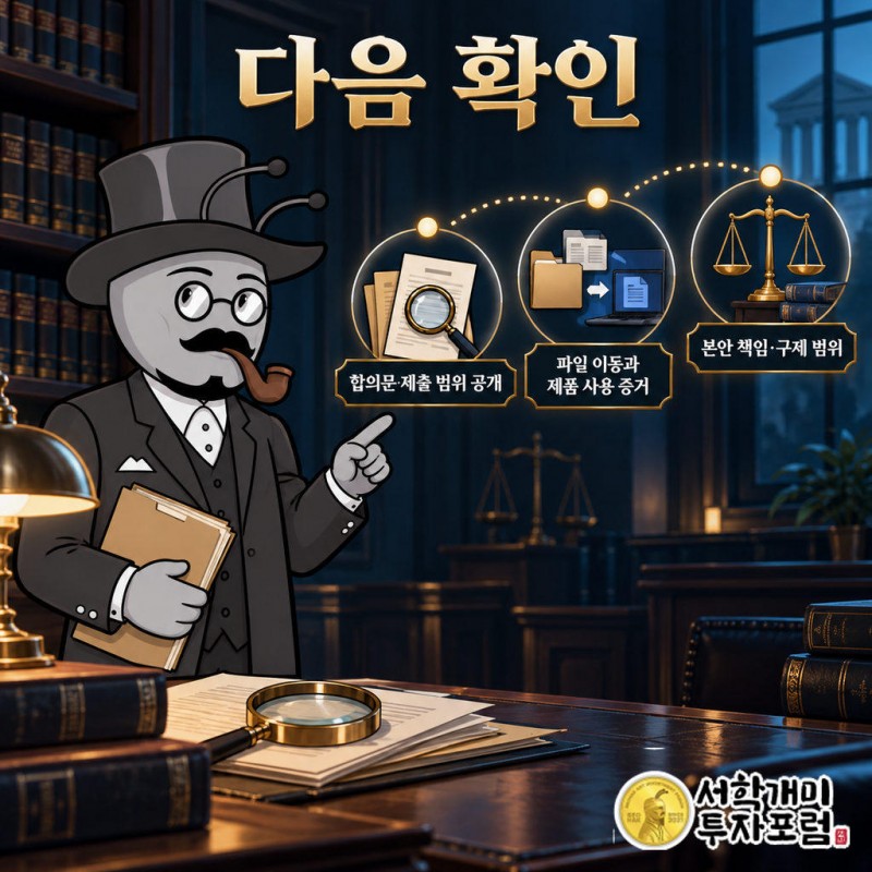 법원 기록에서 합의문 원본과 포렌식 제출 대상·범위가 공개되는지 확인할 예정이다.