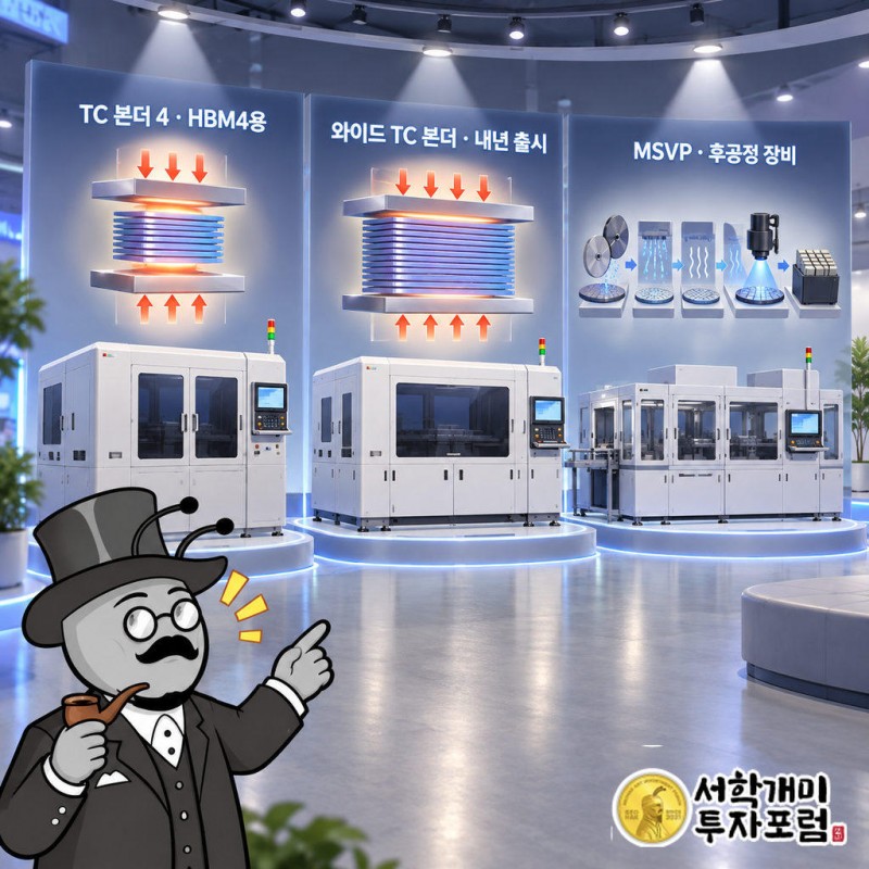 주력은 HBM4를 만드는 TC 본더 4이며, D램을 쌓아 붙이는 접합을 열과 압력으로 해내는 장비다