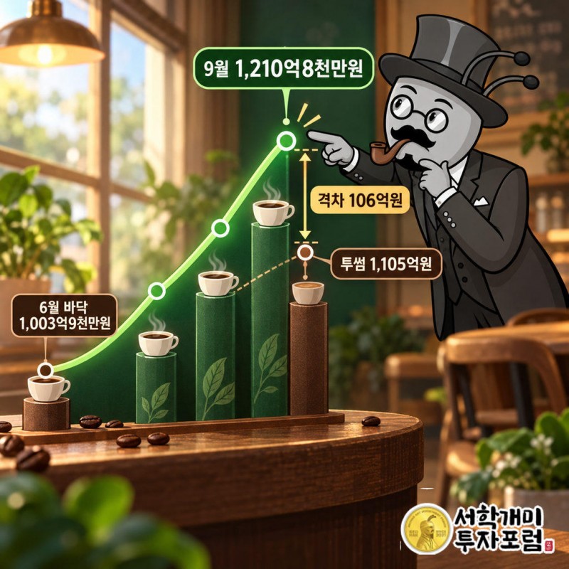 8월엔 투썸이 약 19억원 앞섰다가 9월엔 스타벅스가 약 106억원 앞서며 방향이 뒤집힘