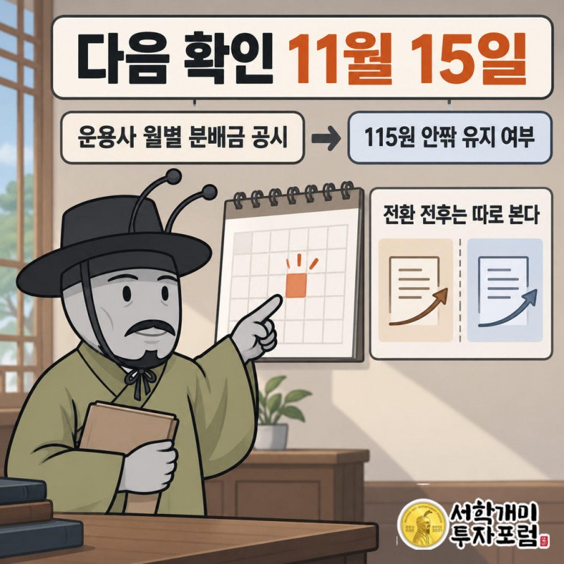 11월 15일 기준 분배금이 115원 안팎을 유지하는지 운용사 공시로 확인한다