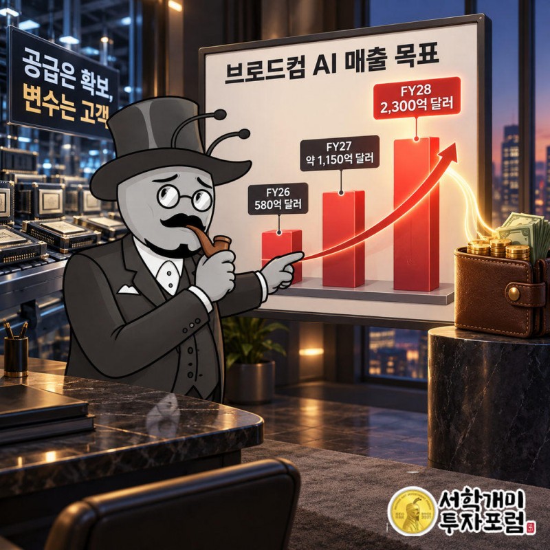 브로드컴은 9월 2일 실적 발표에서 FY26 AI 매출 580억 달러, FY27 약 1,150억 달러, FY28 2,300억 달러를 목표로 내걸었다