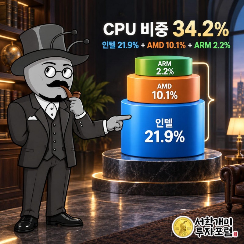 CPU 비중 34.2%는 인텔 21.9%, AMD 10.1%, ARM 2.2%를 더한 값이다