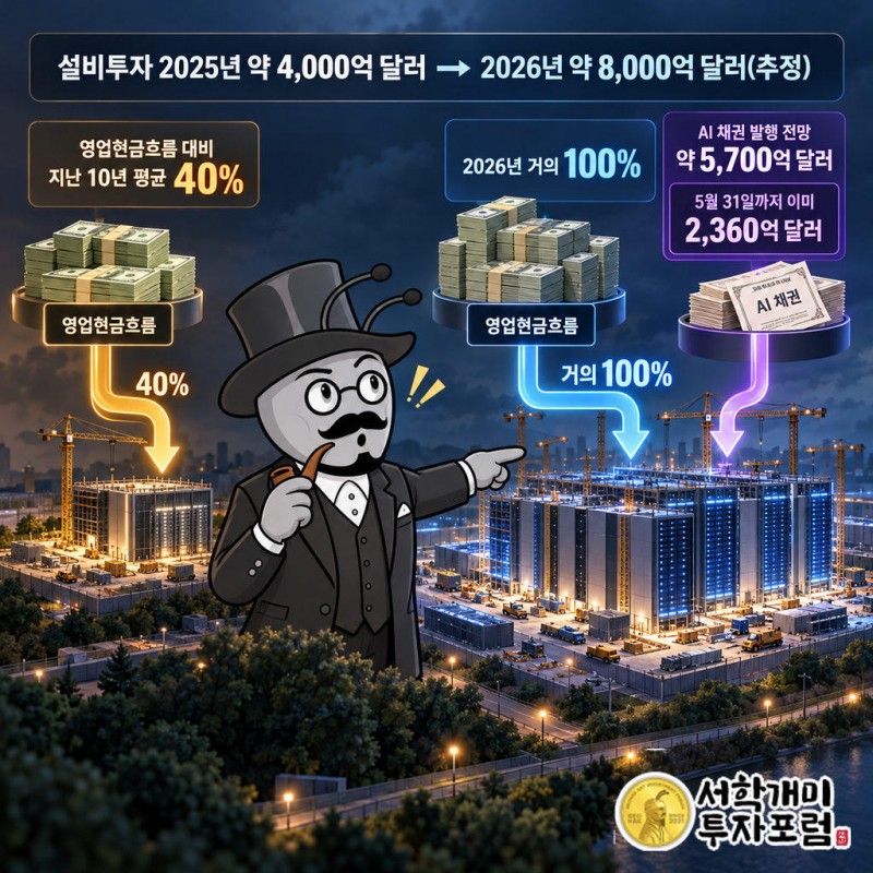 빅5 하이퍼스케일러 설비투자는 2025년 약 4,000억 달러에서 2026년 가이던스 약 8,000억 달러로 불어난 것으로 추정된다
