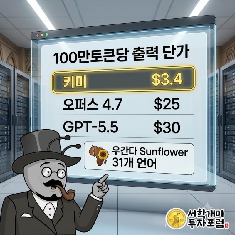출력 100만토큰 기준 키미 3.4달러, 앤스로픽 오퍼스 4.7 25달러, GPT-5.5 30달러