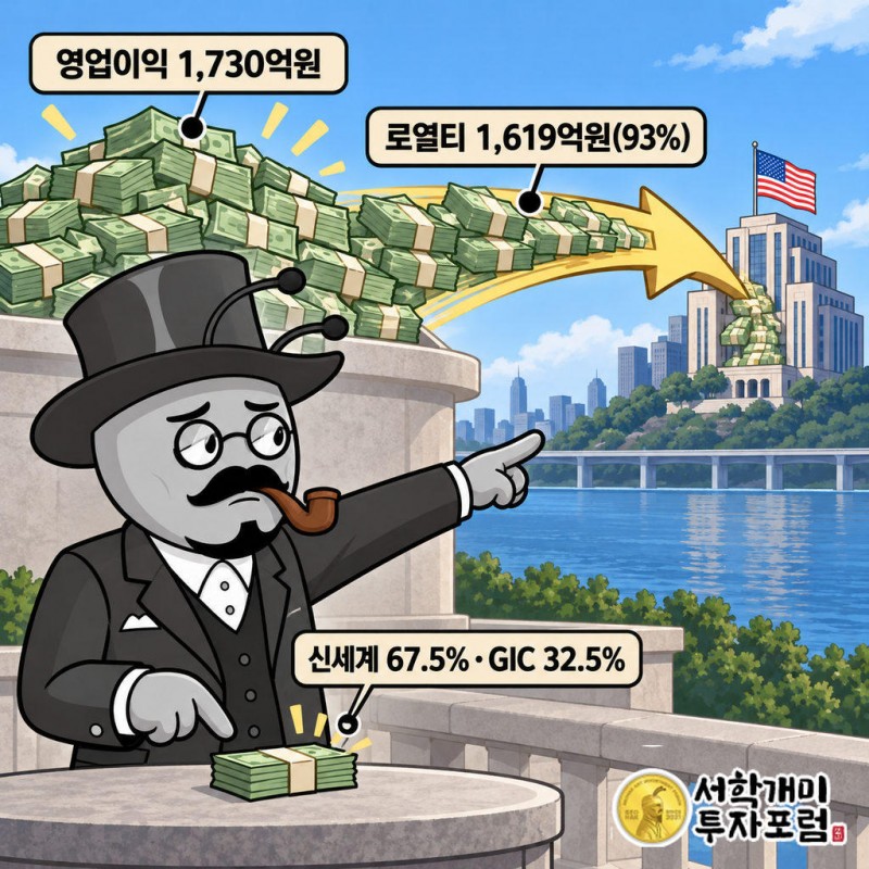 2025년 영업이익 1,730억원 중 1,619억원(약 93%)이 로열티로 미국에 송금
