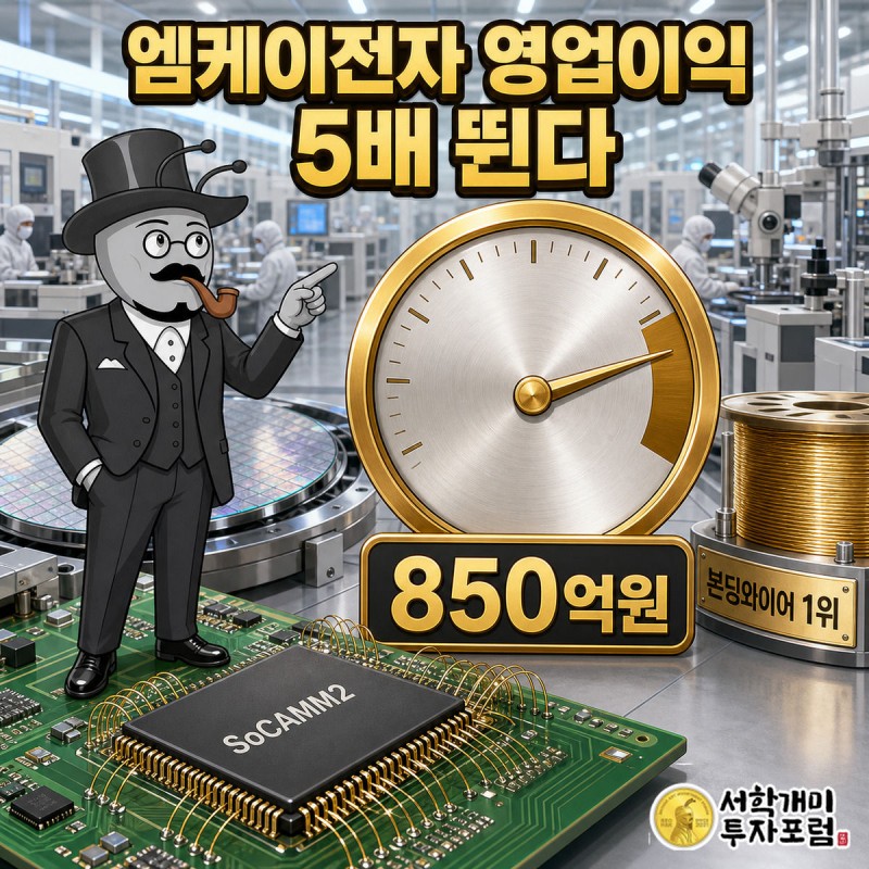 게이지 바늘이 5배 구간까지 치솟은 것을 보고 서민개미가 놀라며 가리키는 모습, 엠케이전자 영업이익 850억원을 표시한 커버 이미지